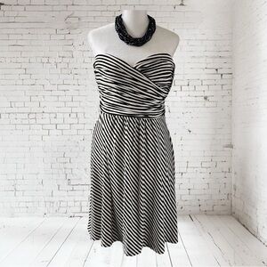 BCBGMazAzria strapless striped party dress with sweetheart neckline